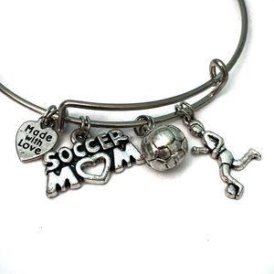 SOCCER MOM Charm Expandable Bangle Bracelet Soccer Ball Made With Love